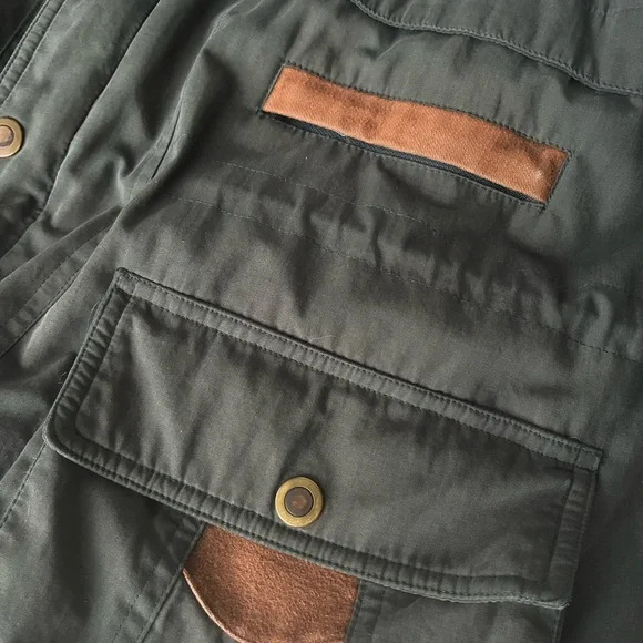 Men's Military-Style Olive Field Jacket with Tan Trim - Picture 2 of 8